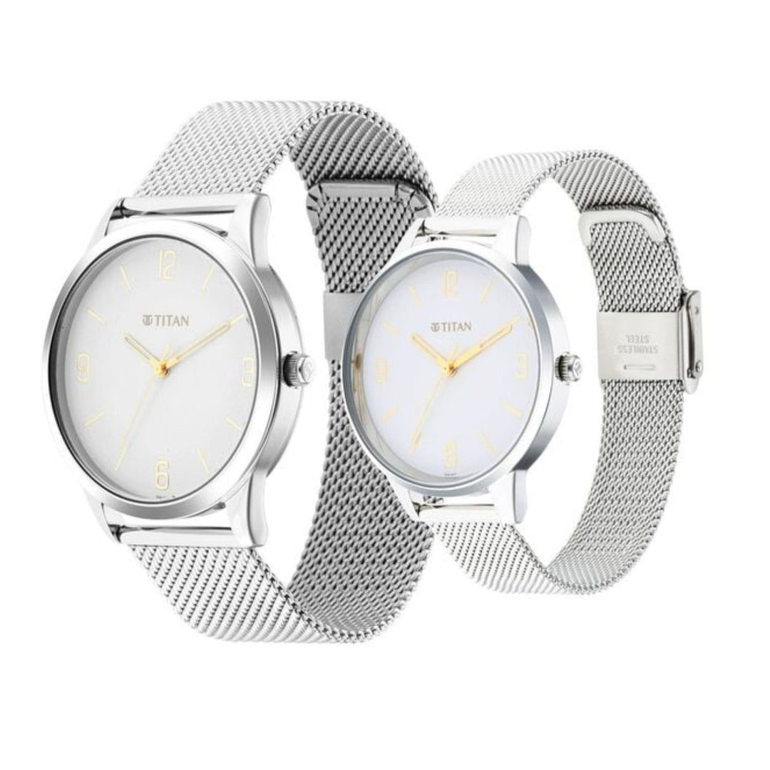 Titan Men &amp; Women’s Analog Duo – Classic White Dial – All-Steel Design – Gift Set