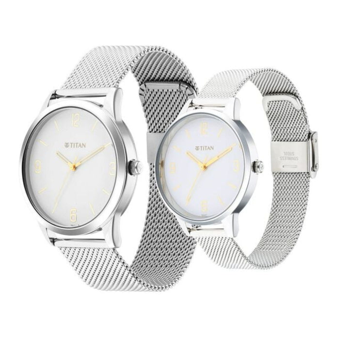 Titan Men &amp; Women’s Analog Duo – Classic White Dial – All-Steel Design – Gift Set