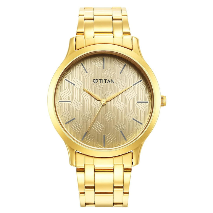 Titan Men’s Karishma Classic: Sophisticated Champagne Dial with Integrated Date &amp; Gilded Stainless Steel Strap