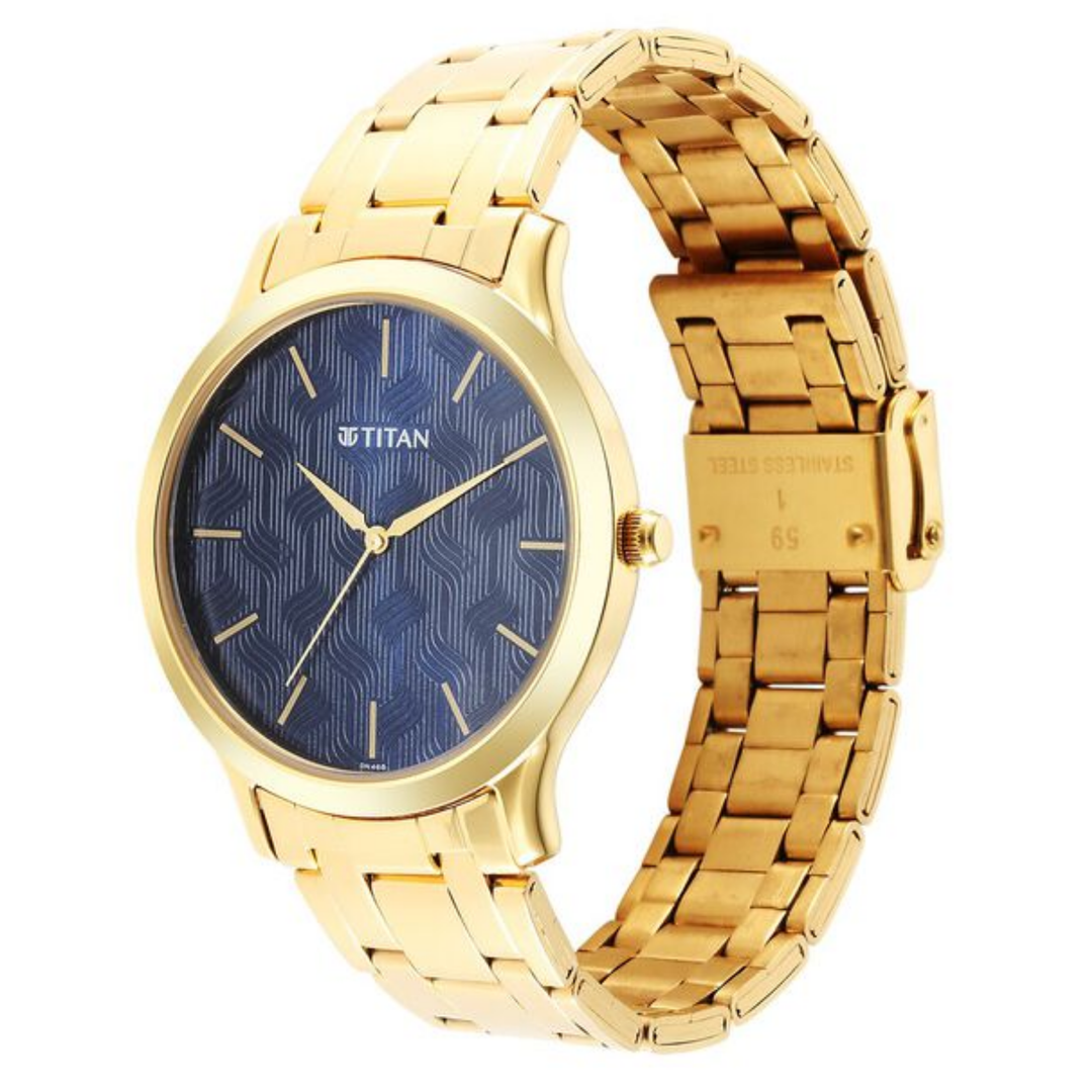 Titan Karishma Radiance: Midnight Azure Edition – Men’s Analog Watch with a Sunray Blue Dial &amp; Polished Steel Bracelet
