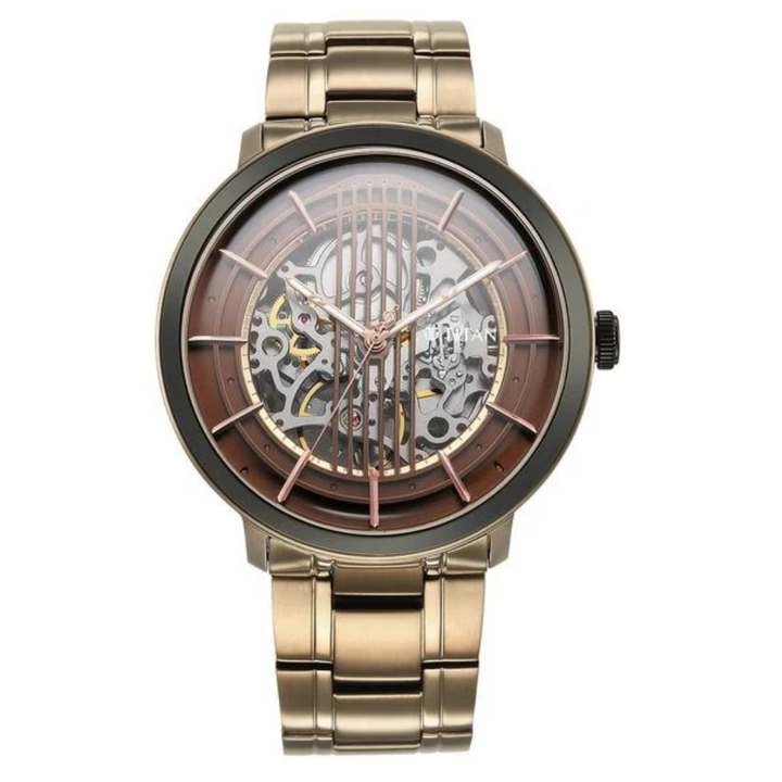 Titan Men’s Quartet: The Precision of Self-Winding – Sophisticated Mahogany Dial with Multi-Link Stainless Steel Strap