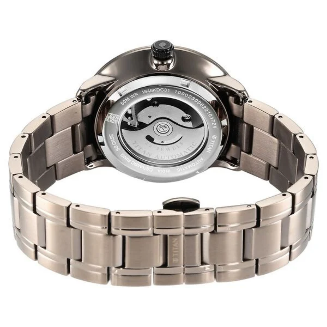 Titan Men’s Quartet: The Precision of Self-Winding – Sophisticated Mahogany Dial with Multi-Link Stainless Steel Strap