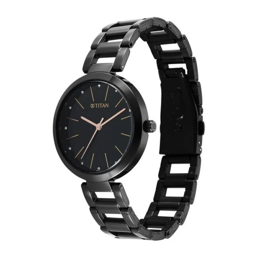 Titan Workwear Women’s Quartz Analog Watch – Black Dial with Black Stainless Steel Strap