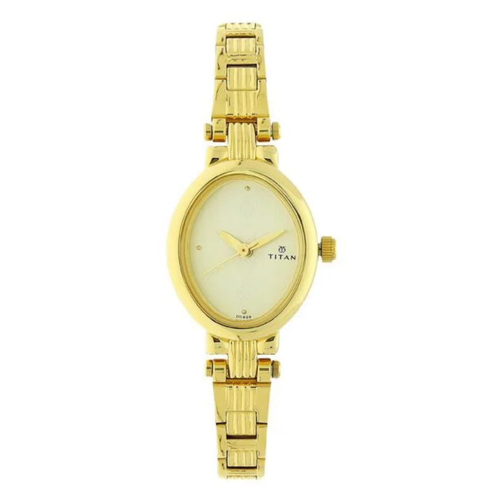 Titan Women’s Quartz Analog Watch – Champagne Dial with Golden Stainless Steel Strap