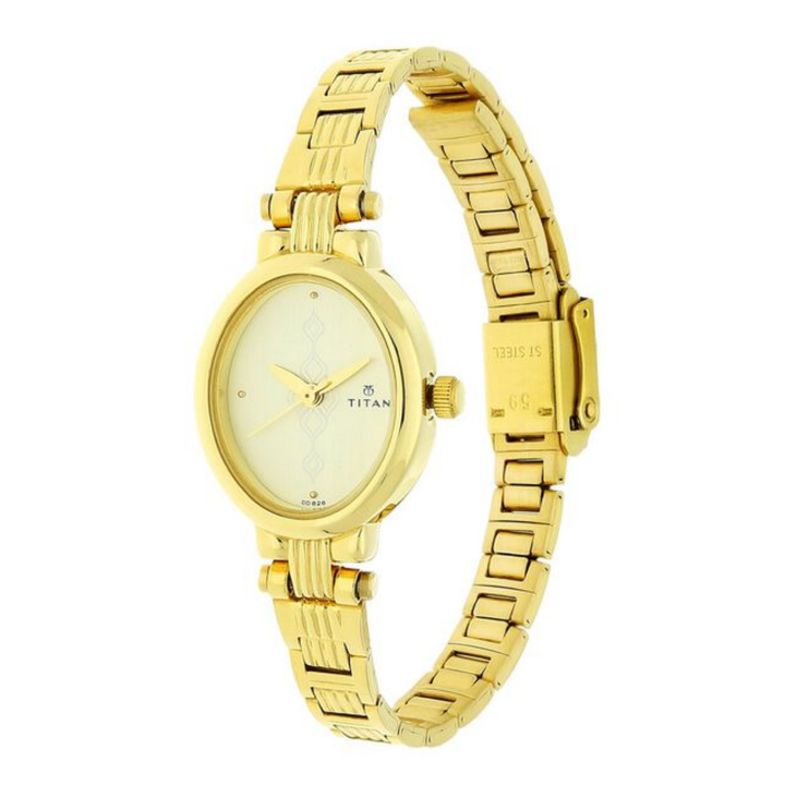 Titan Women’s Quartz Analog Watch – Champagne Dial with Golden Stainless Steel Strap
