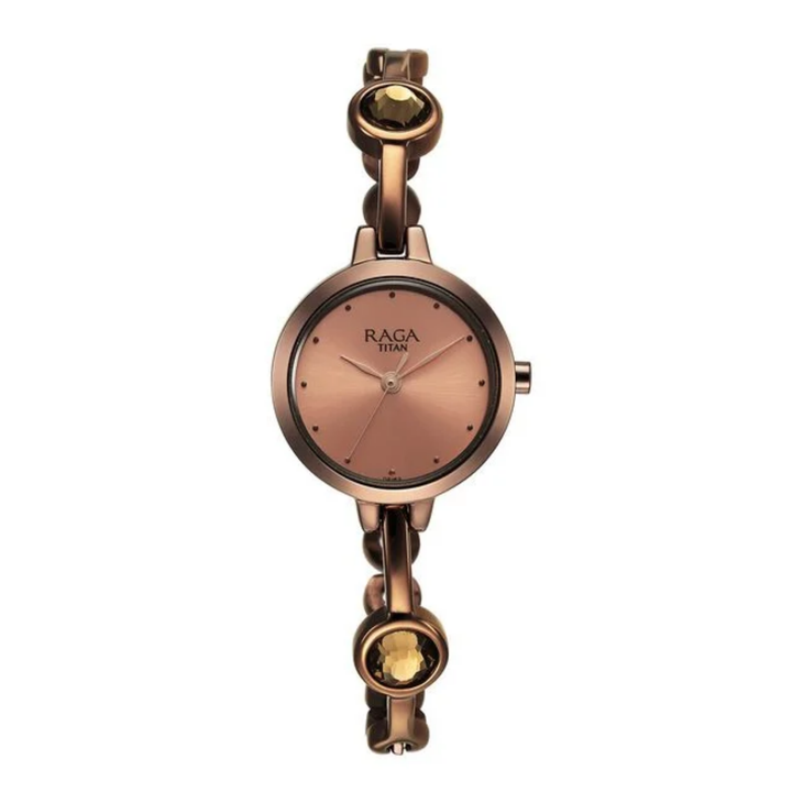 Titan Raga Viva Women’s Quartz Analog Watch – Rose Gold Dial with Brown Metal Strap