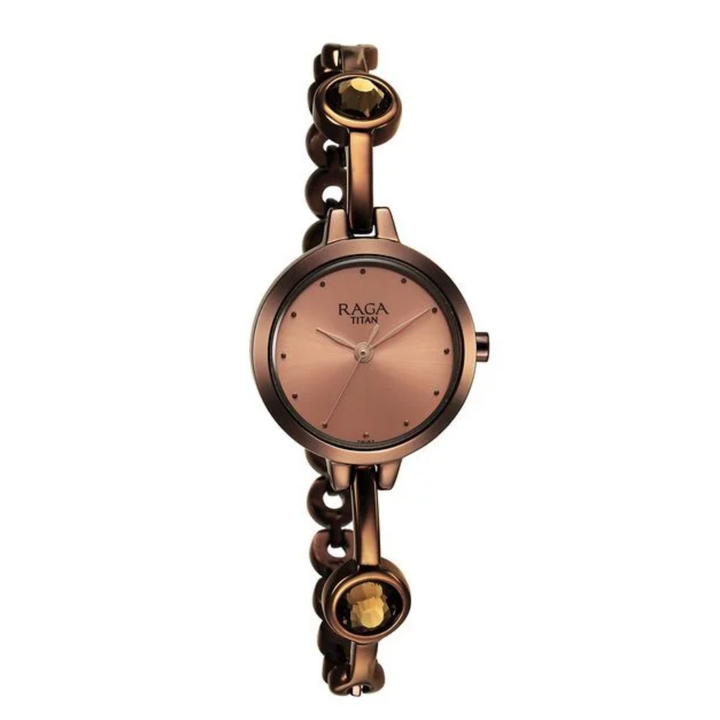 Titan Raga Viva Women’s Quartz Analog Watch – Rose Gold Dial with Brown Metal Strap