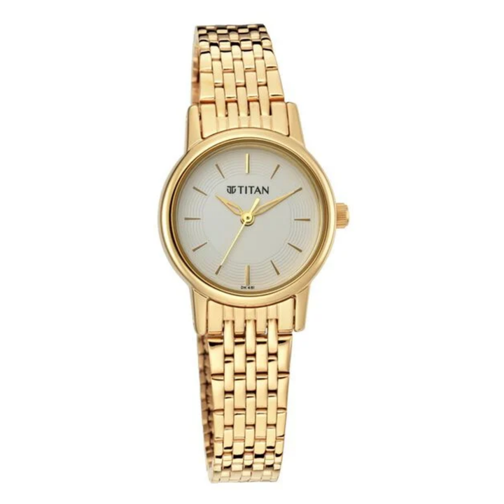 Titan Women’s Quartz Analog Watch with White Dial and Golden Metal Strap