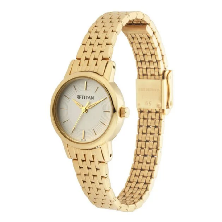Titan Women’s Quartz Analog Watch with White Dial and Golden Metal Strap
