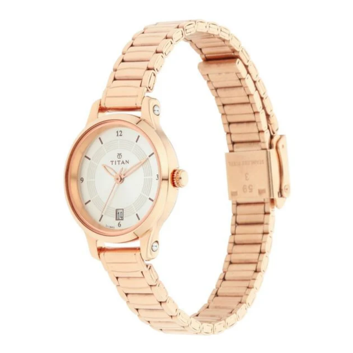 Titan Women’s Quartz Analog Watch – Silver Dial with Date Display &amp; Stainless Steel Bracelet
