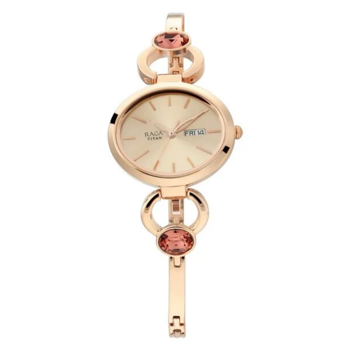 Titan Raga Viva Women’s Analog Watch – Rose Gold Dial with Day &amp; Date Display and Metal Strap