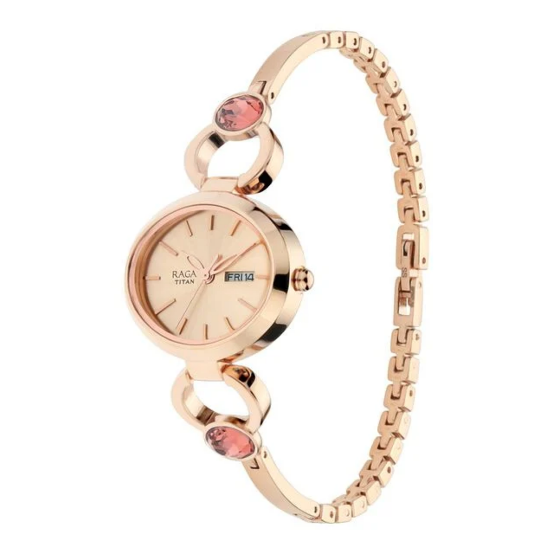 Titan Raga Viva Women’s Analog Watch – Rose Gold Dial with Day &amp; Date Display and Metal Strap