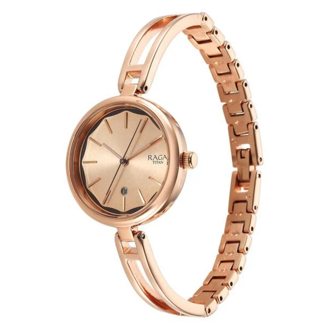 Titan Raga Viva Women’s Analog Watch – White Dial with Date Display and Metal Strap