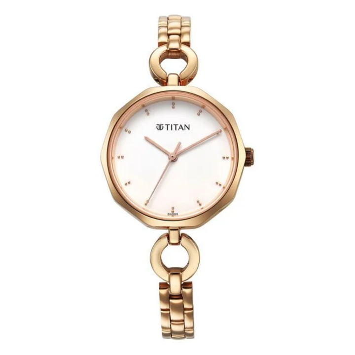 Titan Karishma Quartz Analog White Dial Rose Gold Metal Strap Watch for Women