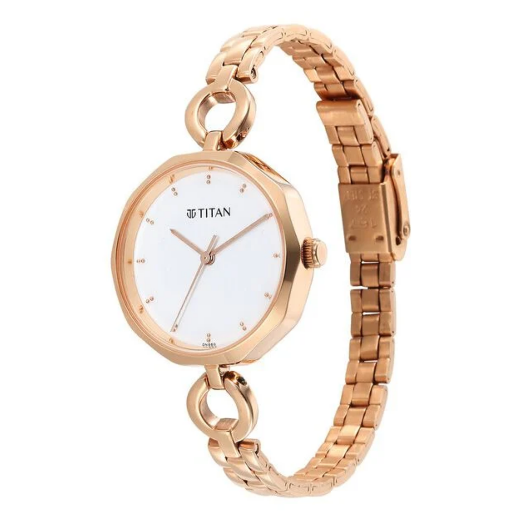 Titan Karishma Quartz Analog White Dial Rose Gold Metal Strap Watch for Women