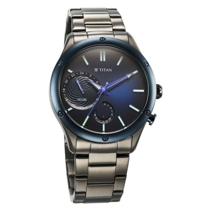 Titan Stellar Multifunction Watch for Men with Blue Dial and Grey Stainless Steel Strap