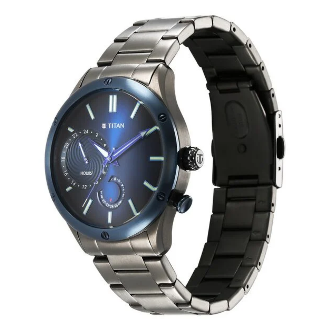 Titan Stellar Multifunction Watch for Men with Blue Dial and Grey Stainless Steel Strap