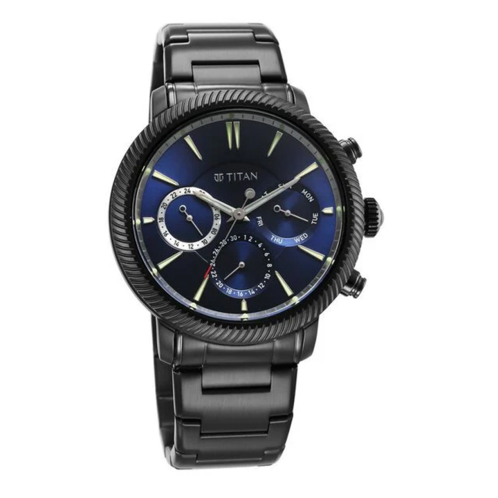 Titan Stellar Multifunction Watch for Men with Blue Dial and Black Stainless Steel Strap