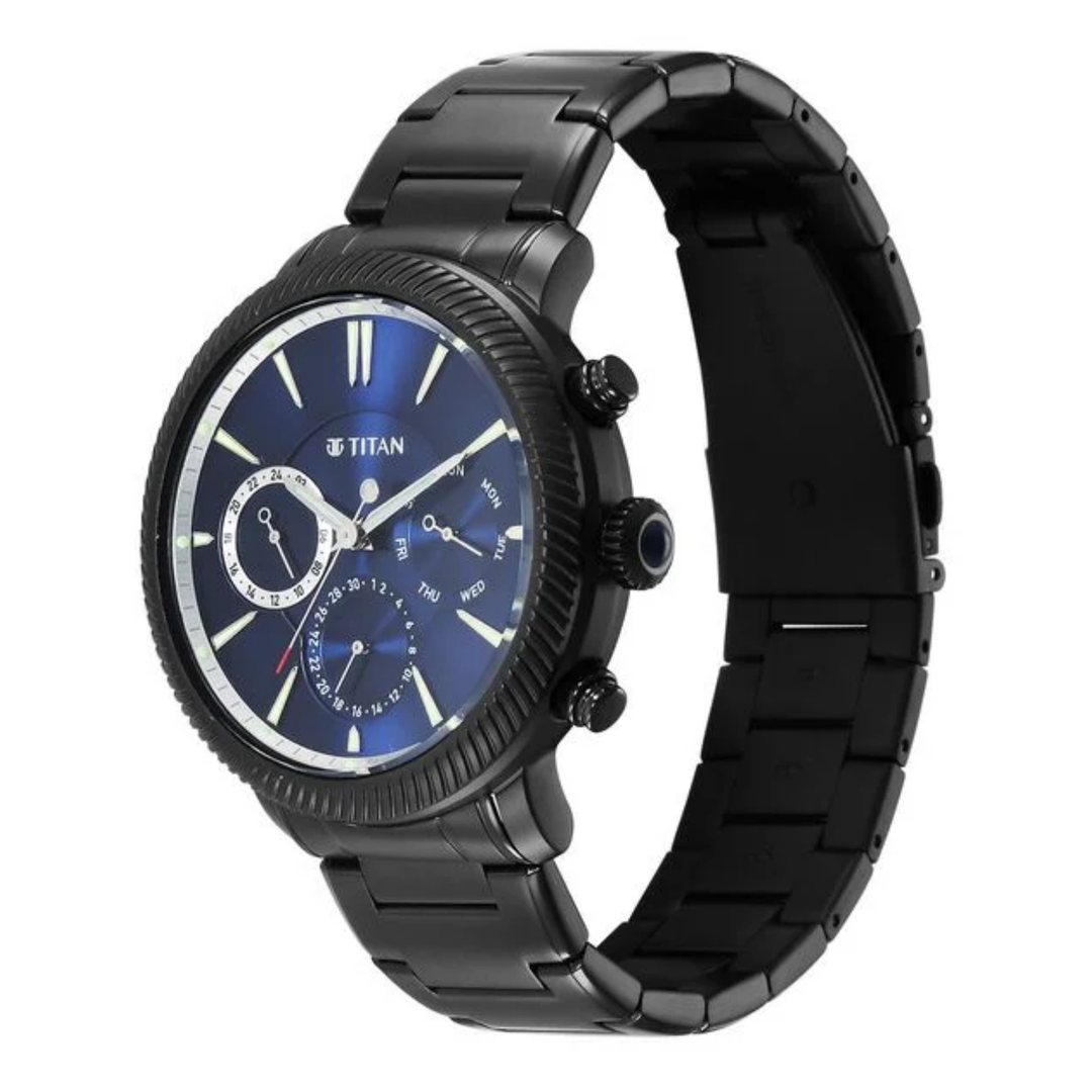 Titan Stellar Multifunction Watch for Men with Blue Dial and Black Stainless Steel Strap