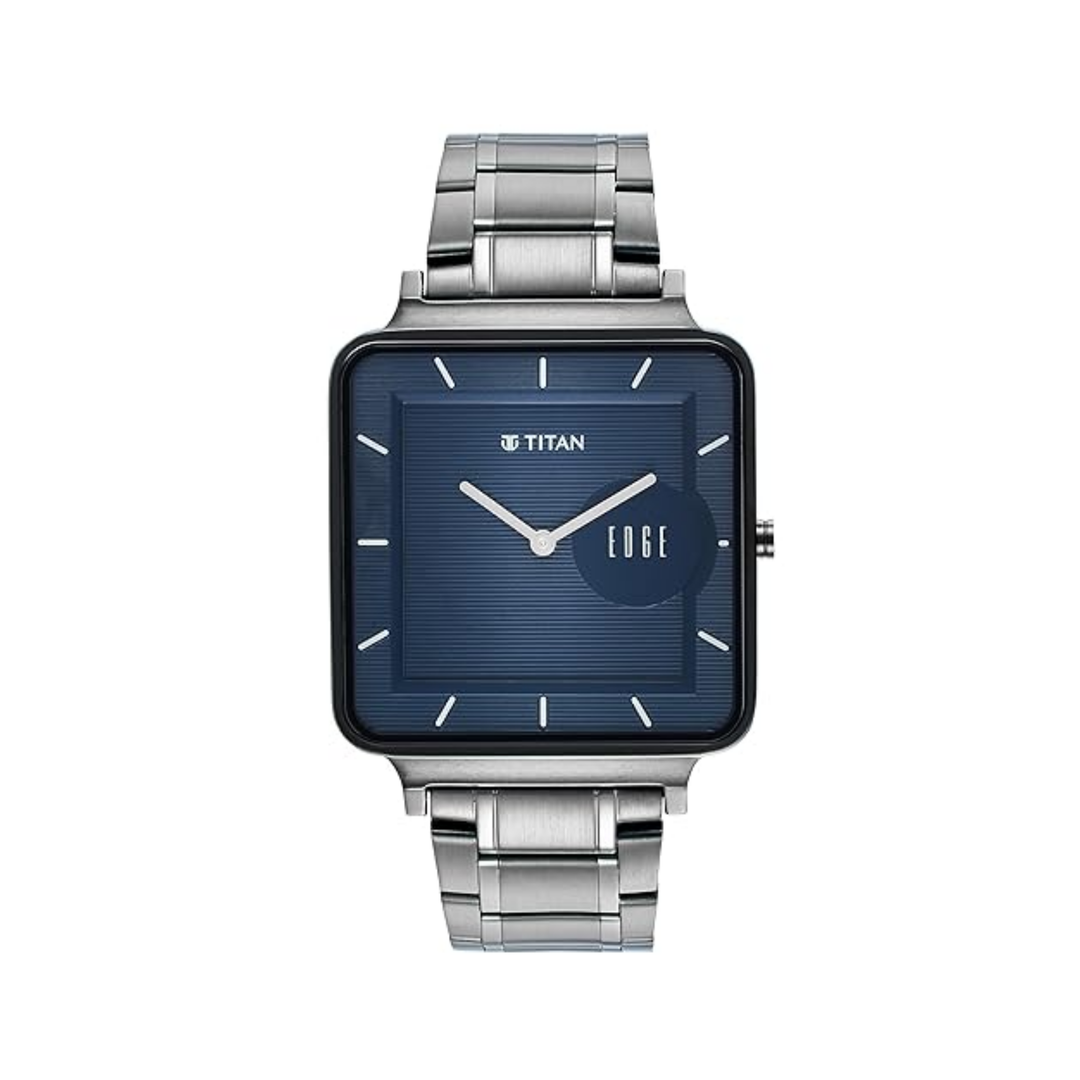 Titan watch with blue face and silver strap on a white background