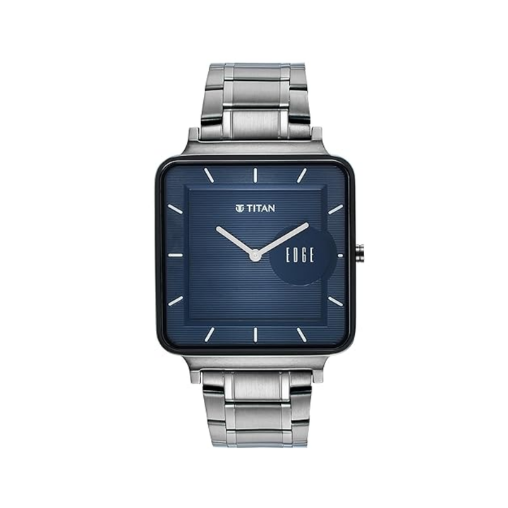Titan watch with blue face and silver strap on a white background