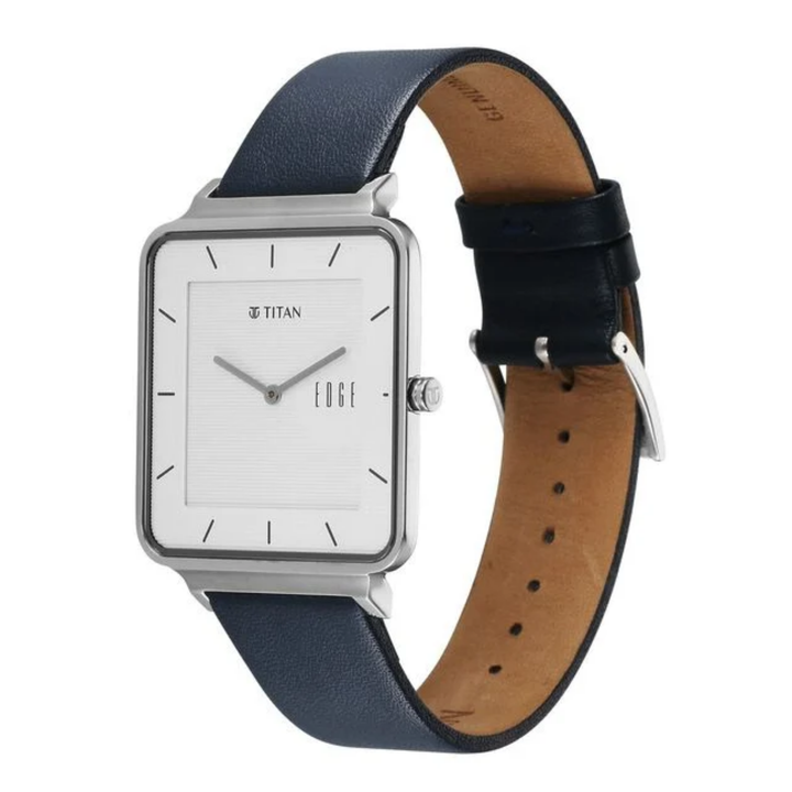 Titan Edge Quad Quartz Analog Watch for Men – White Dial with Blue Leather Strap