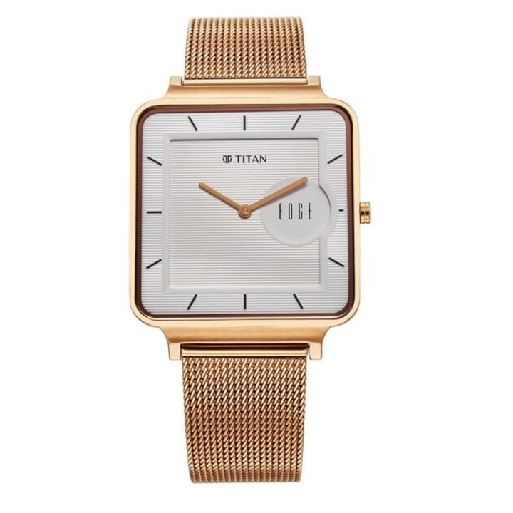 Titan Edge Quad Quartz Analog Watch for Men – White Dial with Rose Gold Stainless Steel Strap