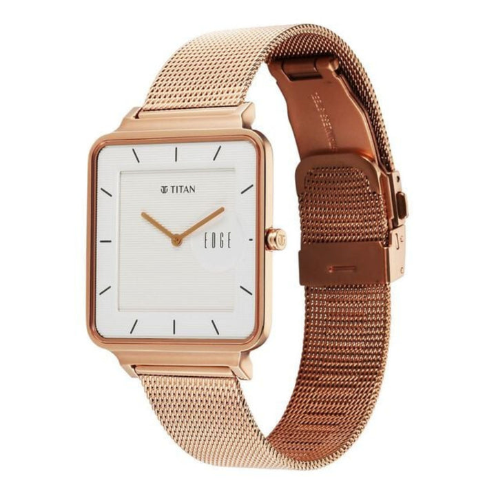 Titan Edge Quad Quartz Analog Watch for Men – White Dial with Rose Gold Stainless Steel Strap