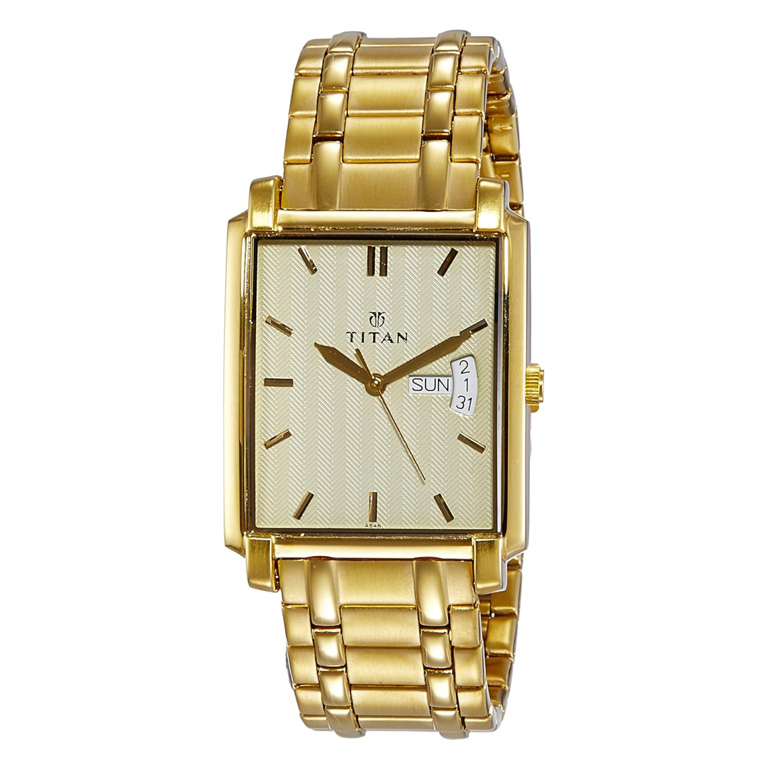 Titan Regalia Quartz Analog with Day and Date Champagne Dial Gold Stainless Steel Strap watch for men