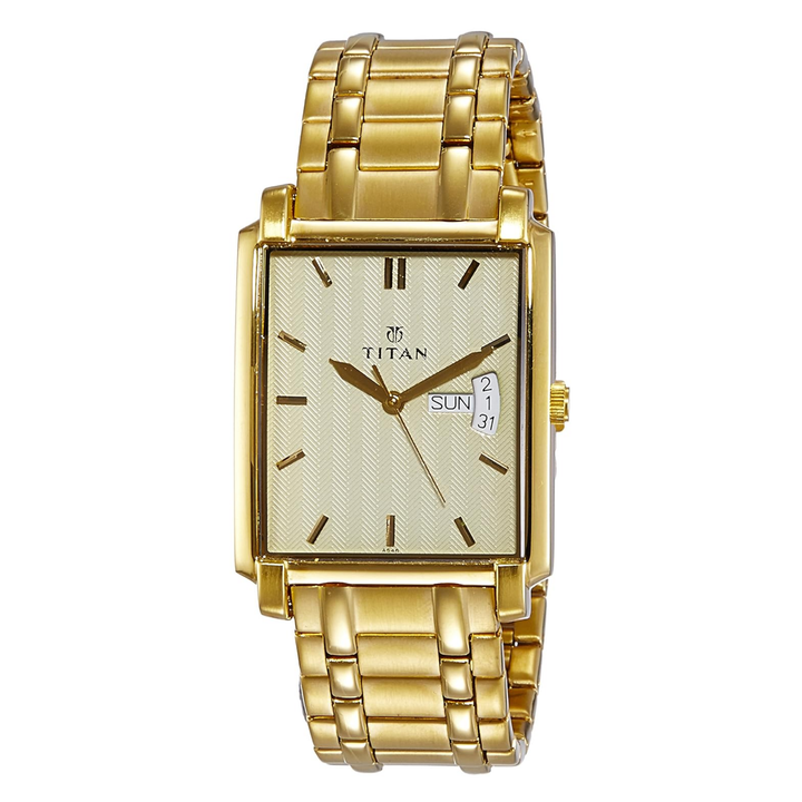 Titan Regalia Quartz Analog with Day and Date Champagne Dial Gold Stainless Steel Strap watch for men