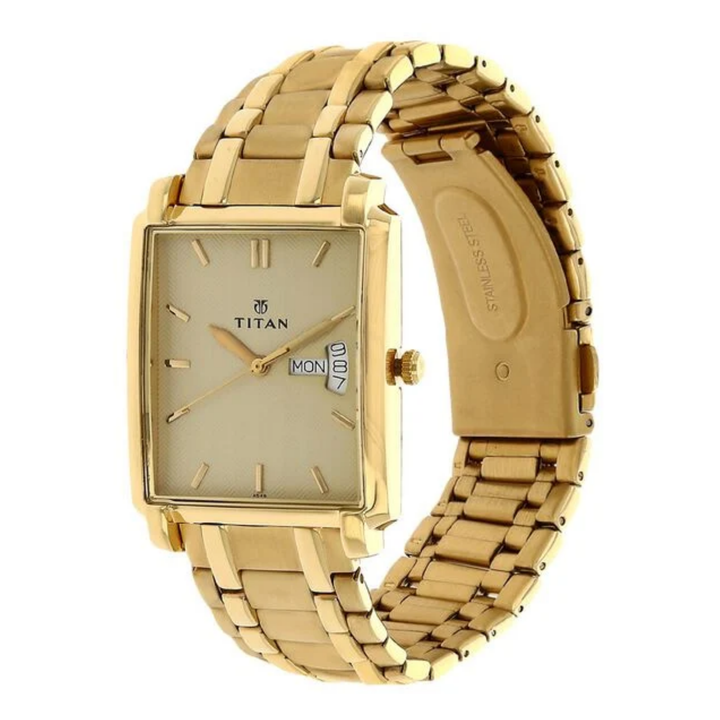 Titan Regalia Quartz Analog with Day and Date Champagne Dial Gold Stainless Steel Strap watch for men