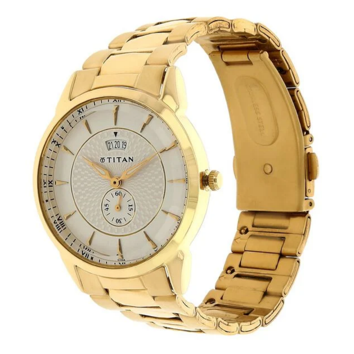 Titan Quartz Analog Men’s Watch – Silver Round Dial with Golden Stainless Steel Strap