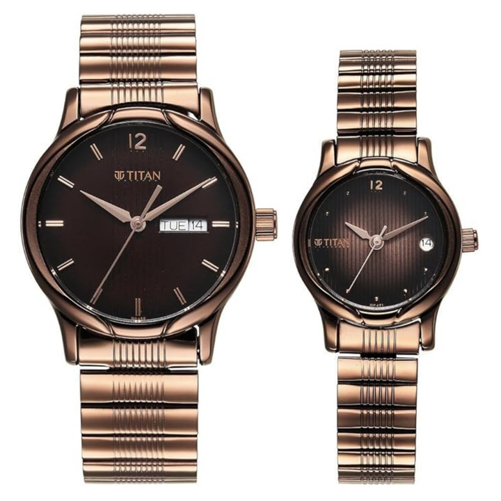 Titan Bandhan Quartz Analog Couple Watch – Brown Dial with Date and Stainless Steel Strap