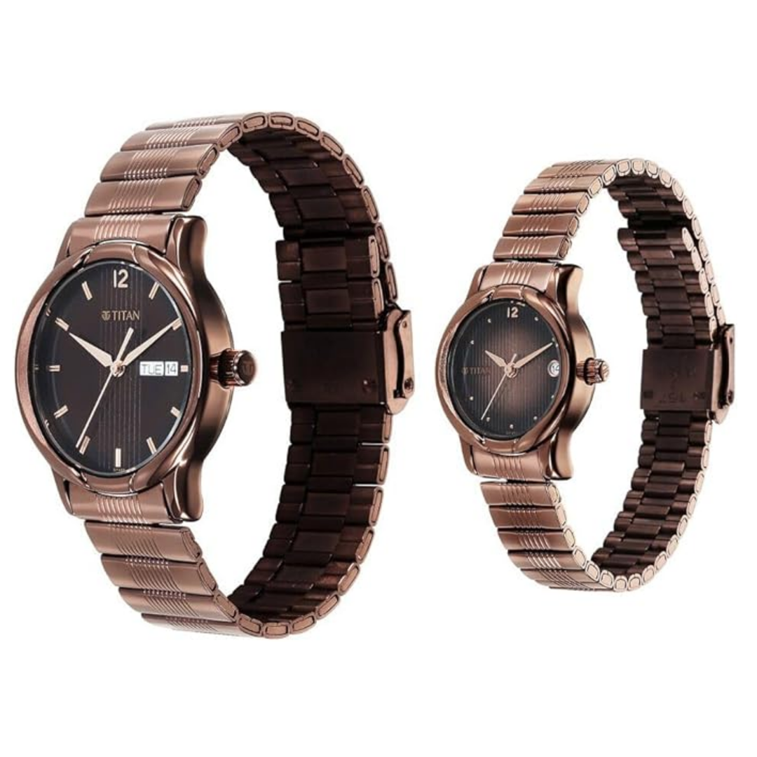Titan Bandhan Quartz Analog Couple Watch – Brown Dial with Date and Stainless Steel Strap