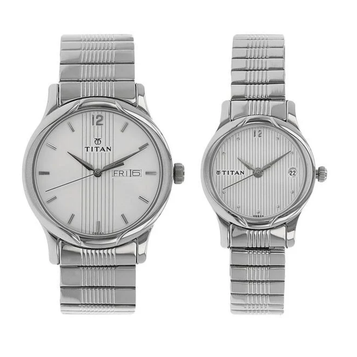 Titan Quartz Analog Couple Watch Set – Silver Dial with Day &amp; Date and Stainless Steel Strap