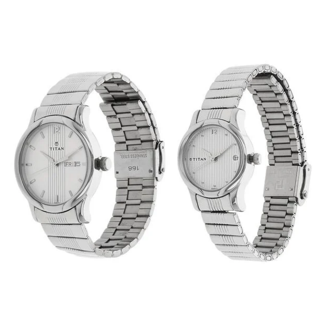 Titan Quartz Analog Couple Watch Set – Silver Dial with Day &amp; Date and Stainless Steel Strap