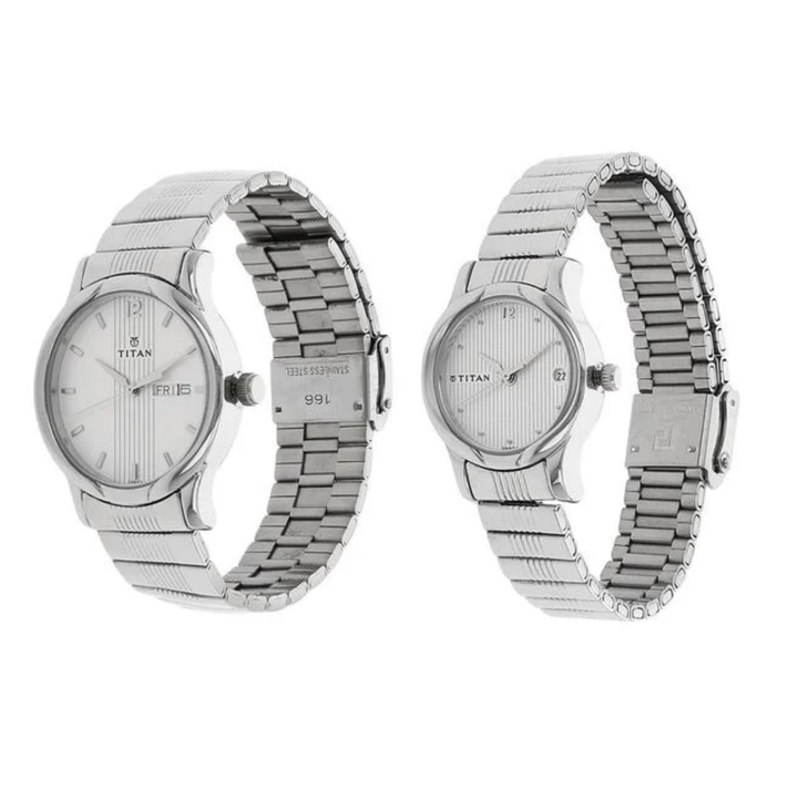 Titan Quartz Analog Couple Watch Set – Silver Dial with Day &amp; Date and Stainless Steel Strap