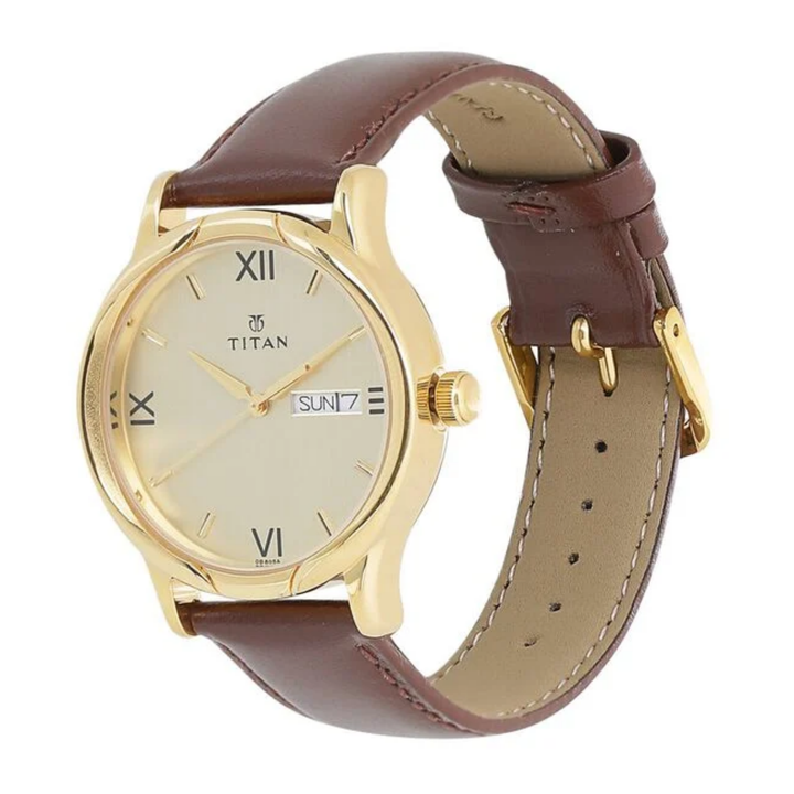 Titan Men’s Analog Watch featuring a Champagne Dial, Day &amp; Date Display, and Elegant Leather Strap