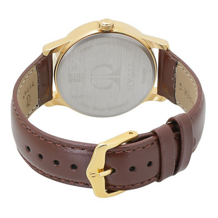 Titan Men’s Analog Watch featuring a Champagne Dial, Day &amp; Date Display, and Elegant Leather Strap
