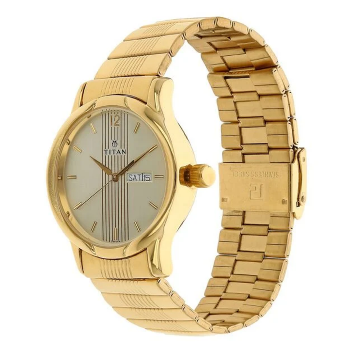 Titan Men’s Analog Watch with Champagne Dial, Day &amp; Date Display, and Sleek Metal Strap