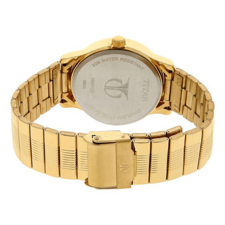 Titan Men’s Analog Watch with Champagne Dial, Day &amp; Date Display, and Sleek Metal Strap