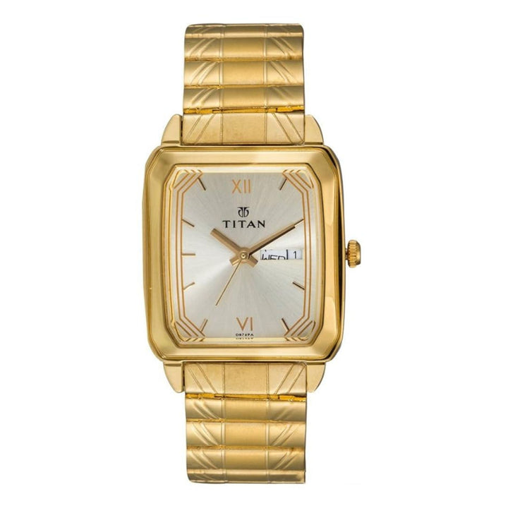 Titan Quartz Timepiece for Men – Champagne Dial with Day-Date Function and Sleek Stainless Steel Bracelet