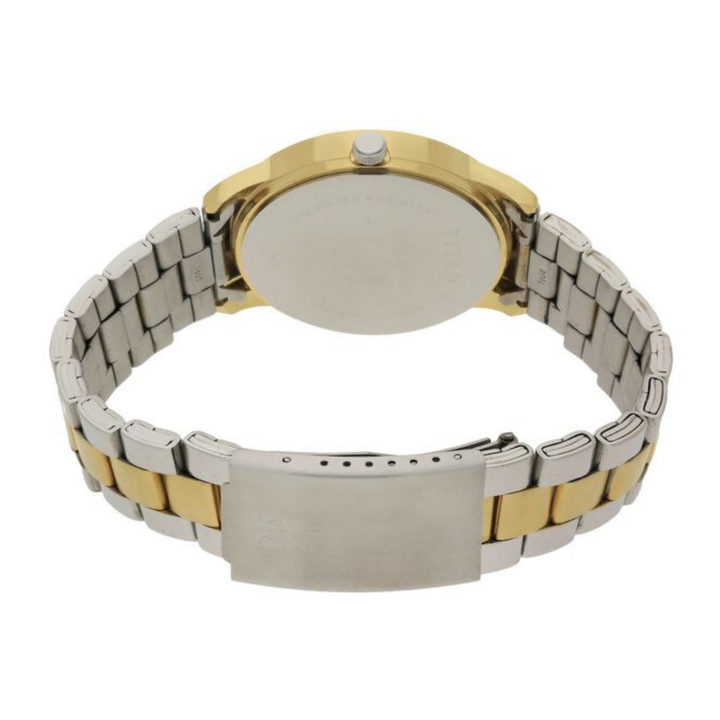 Titan Quartz Timepiece for Men – Champagne Dial with Day-Date Function and Stylish Two-Tone Steel Strap