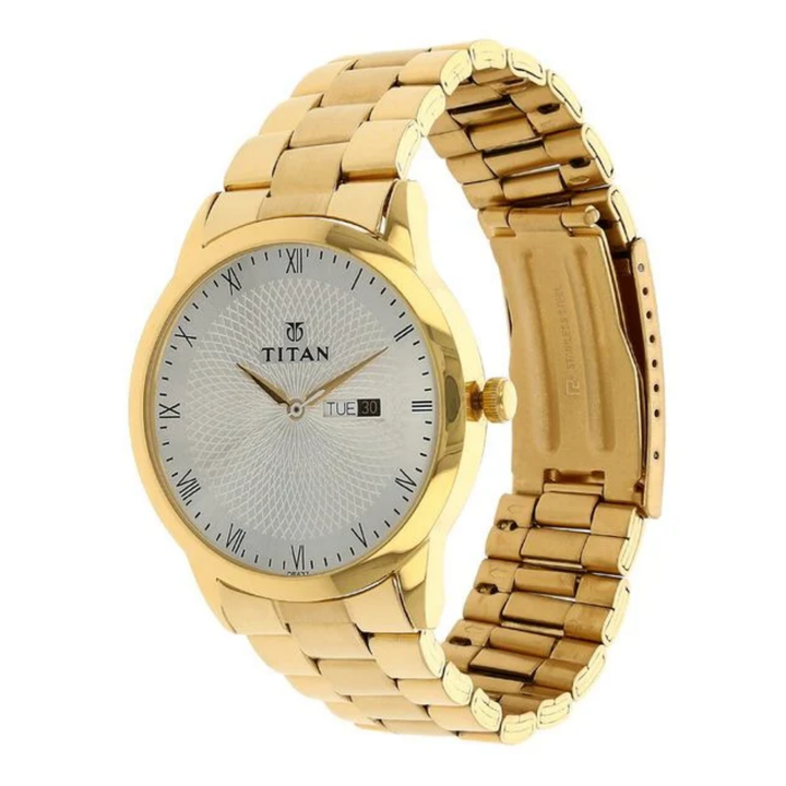 Titan Men’s Quartz Analog Watch with Silver Round Dial, Day &amp; Date Display, and Golden Stainless Steel Strap