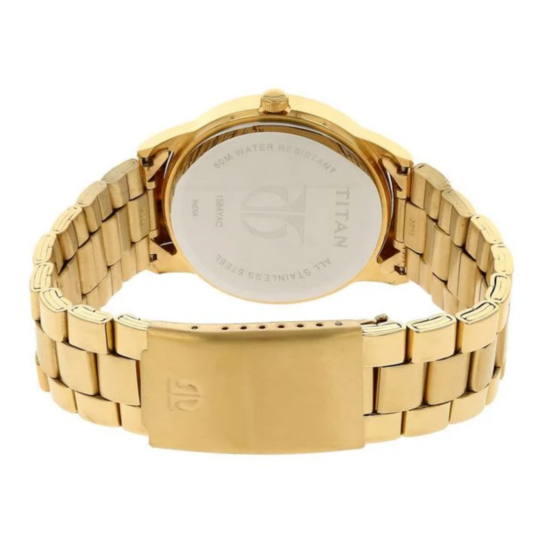 Titan Men’s Quartz Analog Watch with Silver Round Dial, Day &amp; Date Display, and Golden Stainless Steel Strap