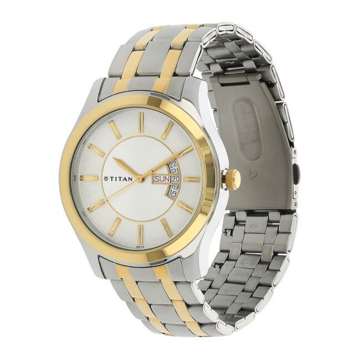 Titan Men’s Quartz Analog Watch with Silver Dial, Day &amp; Date Display, and Stainless Steel Strap