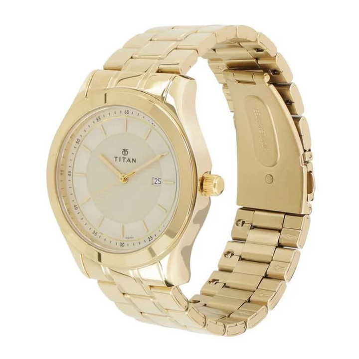 Titan Men’s Quartz Analog Watch with Champagne Round Dial, Date Display, and Golden Stainless Steel Strap