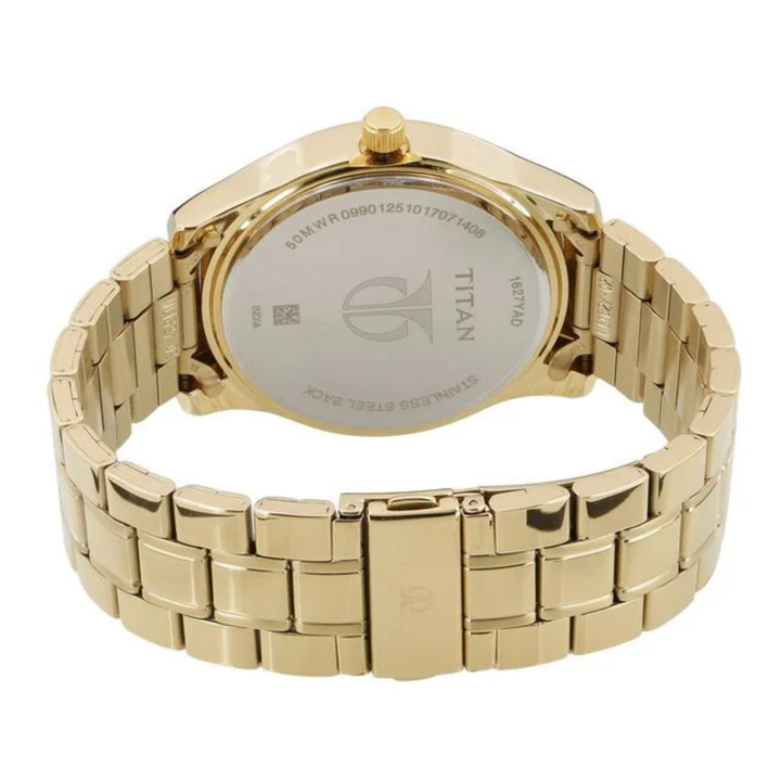 Titan Men’s Quartz Analog Watch with Champagne Round Dial, Date Display, and Golden Stainless Steel Strap