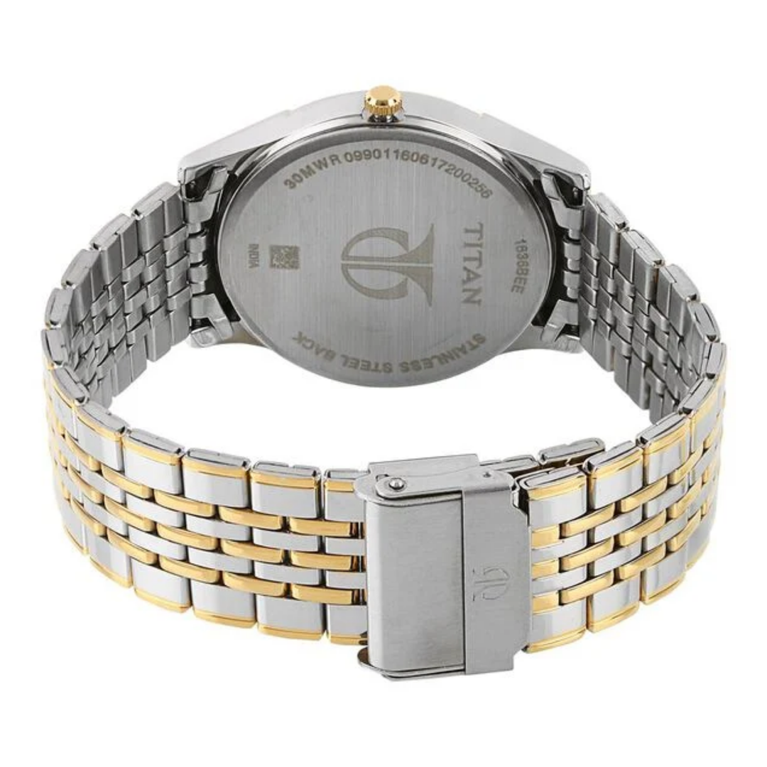 Titan Men’s Analog Watch with Off-White Dial, Day &amp; Date Display, and Stainless Steel Strap