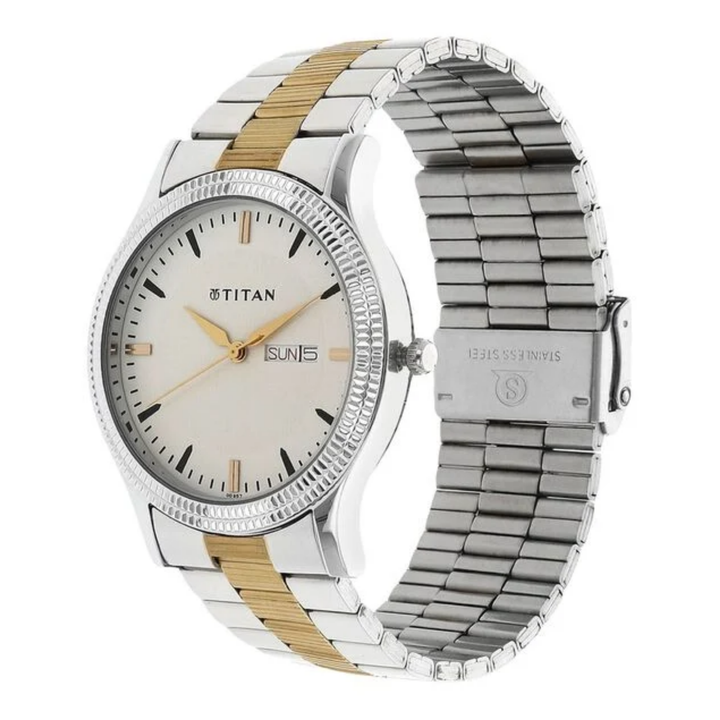 Titan Men’s Analog Watch with White Dial, Day &amp; Date Display, and Stainless Steel Strap